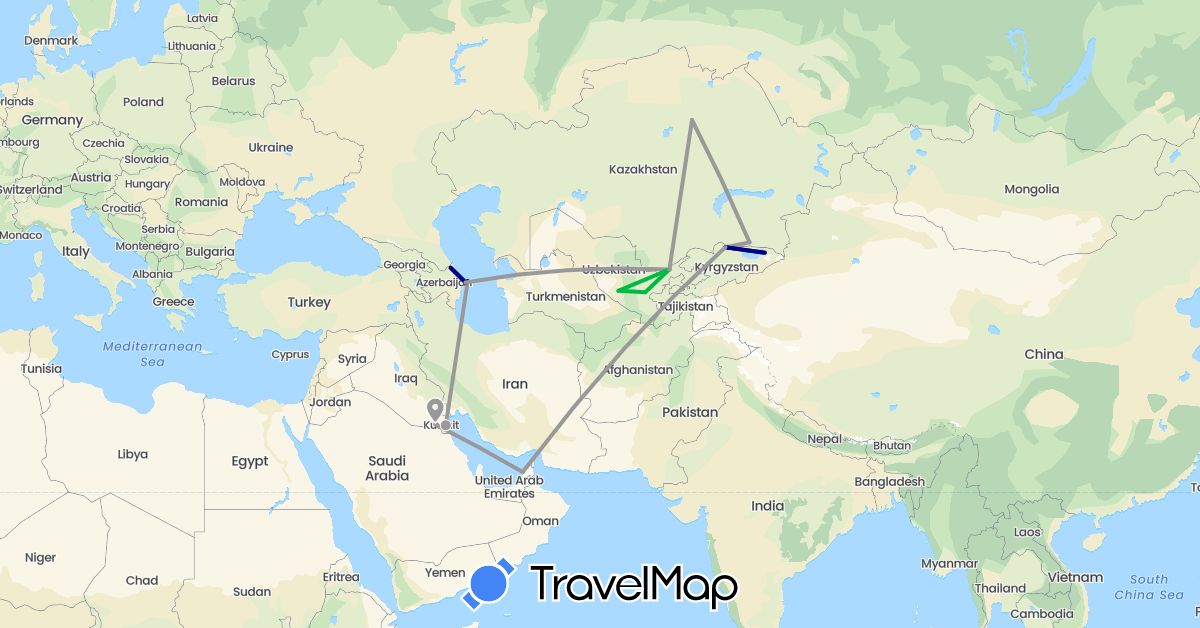 TravelMap itinerary: driving, bus, plane in United Arab Emirates, Azerbaijan, Kyrgyzstan, Kuwait, Kazakhstan, Uzbekistan (Asia)